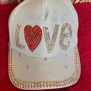 LAKE SHORE DRIVE LOVE BASEBALL CAP LT BLUE with LOVE RHINESTONES RED HEART OS